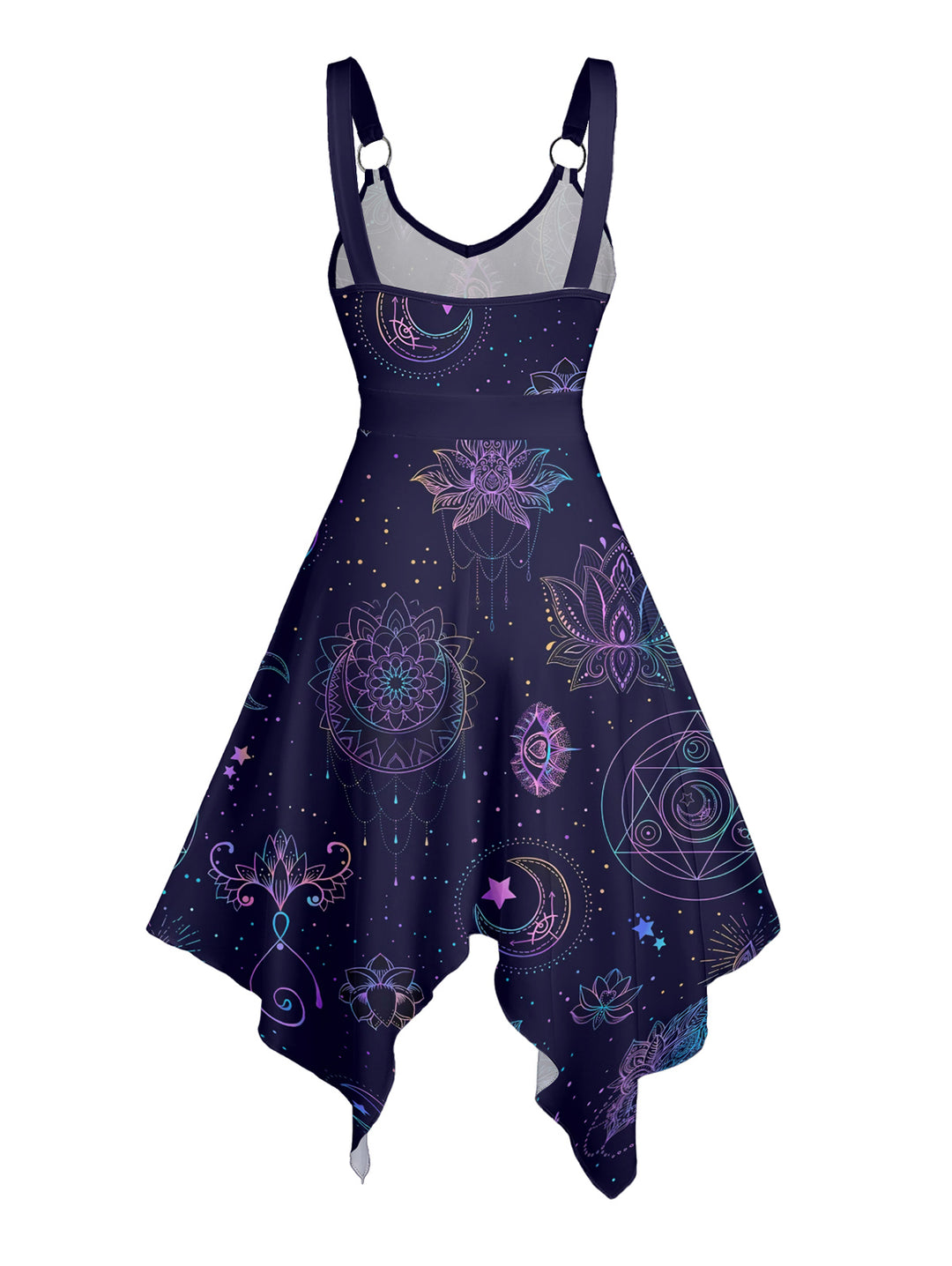 Witchy Night Sky with Moon, Stars & Lotus Print  Asymmetrical Hem Midi Dress