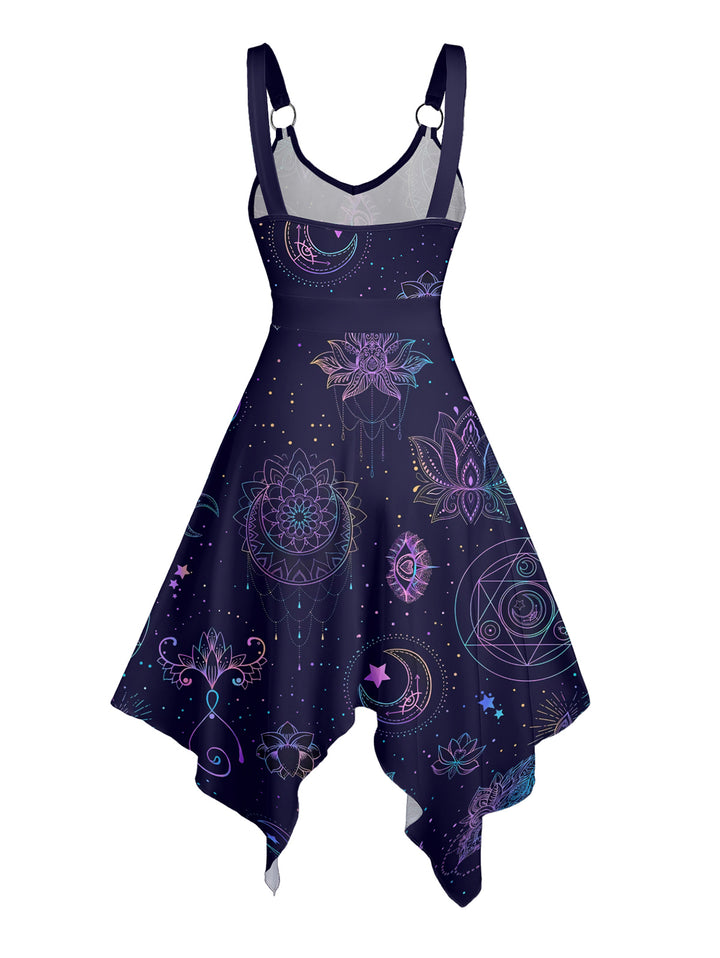 Witchy Night Sky with Moon, Stars & Lotus Print  Asymmetrical Hem Midi Dress