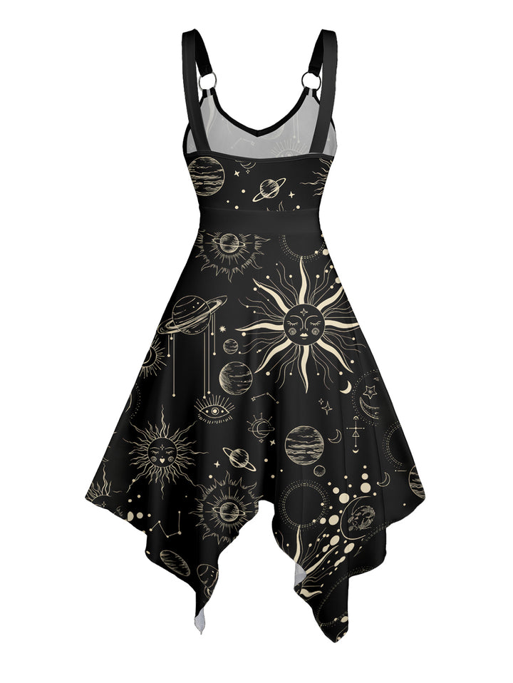 Witchy Summer Tarot Sun Moon Star Print Asymmetrical Hem Cami Dress