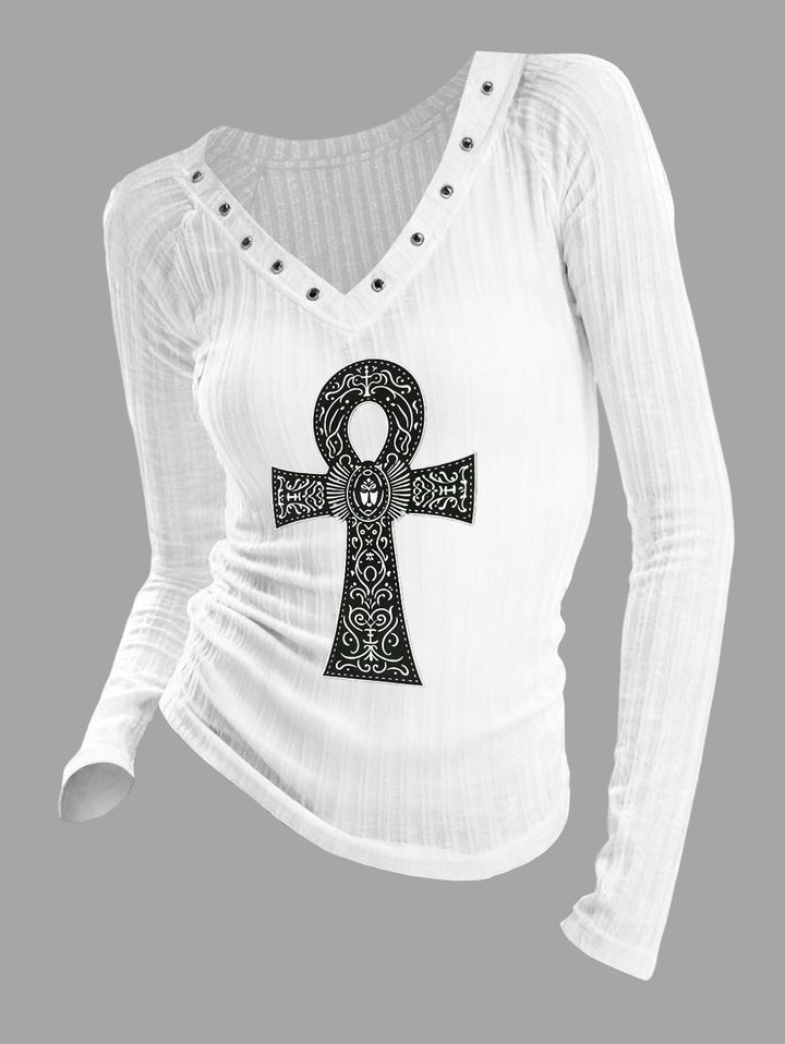 Gothic V-neck Ribbed Skeleton Retro Egyptian Ankh Totem Printed Long-sleeve T-shirt (Slightly Sheer)