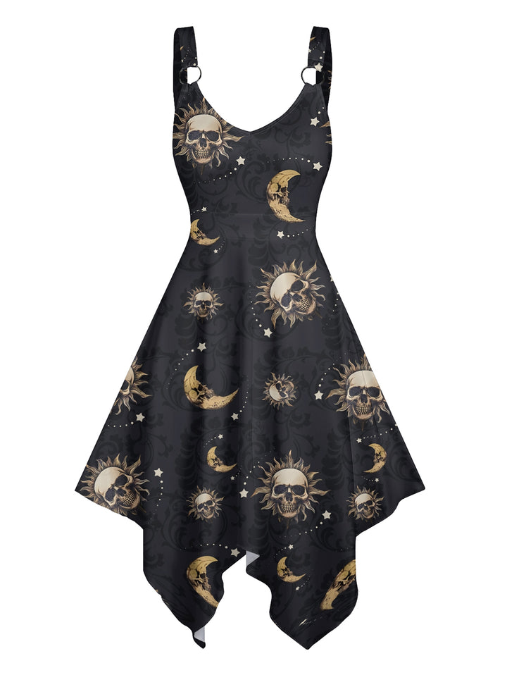 Celestial Sun Moon Star Skulls Pattern Withcy Asymmetrical Hem Midi  Dress