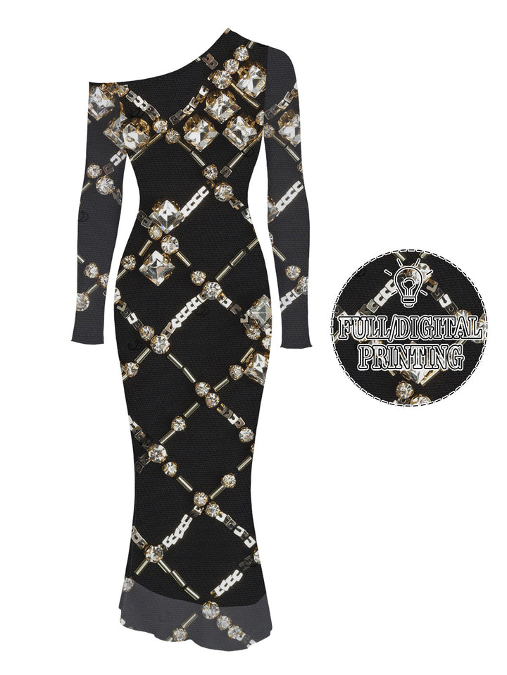Black Gold Chain Rhinestone Lattice Print Mesh Panel Skew Neck Bodycon Vintage Party Dress