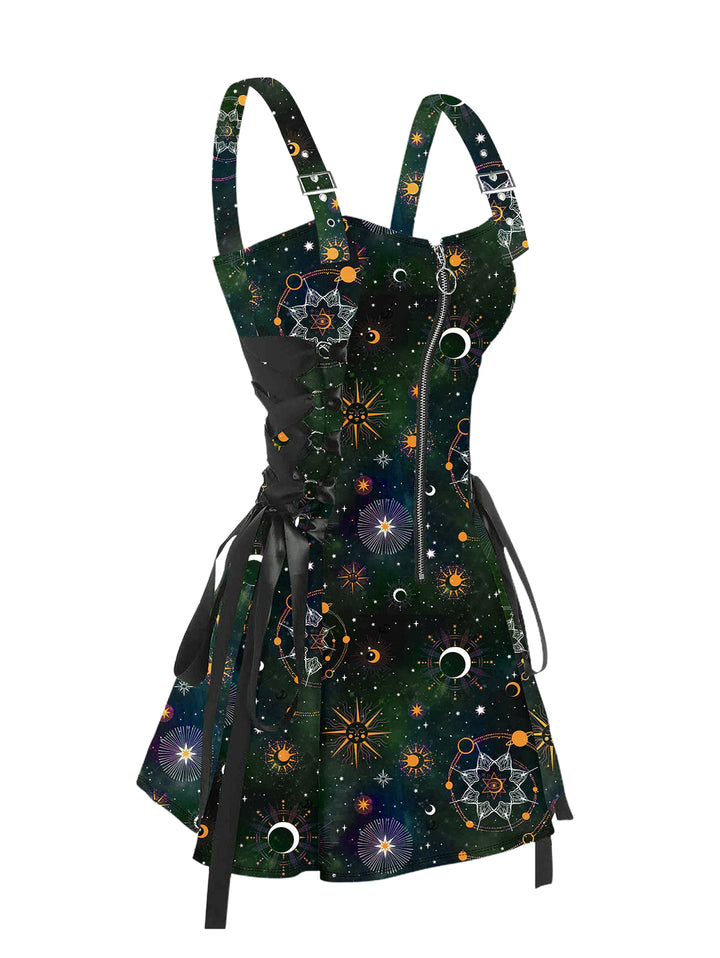 Galaxy Sun Star Print Half Zipper Lace Up Strap A Line Mini Dress