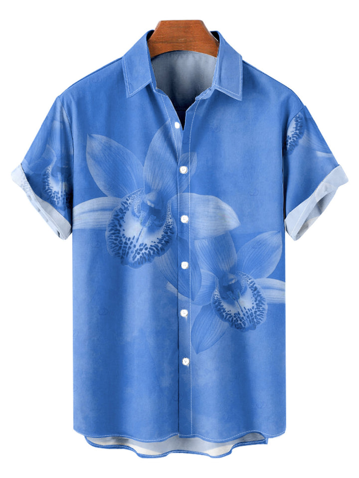 Men's Tropical Orchid Floral Print Button Up Vacation Shirt