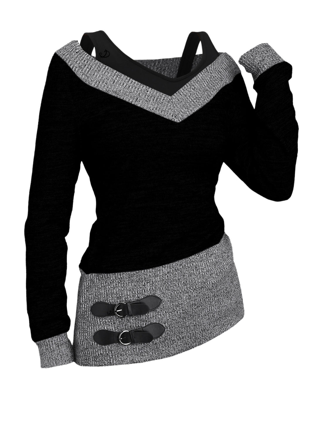 Heather Textured Long Sleeve 2 In 1 Faux Twinset Top