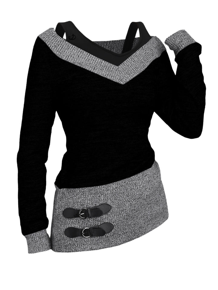 Heather Textured Long Sleeve 2 In 1 Faux Twinset Top