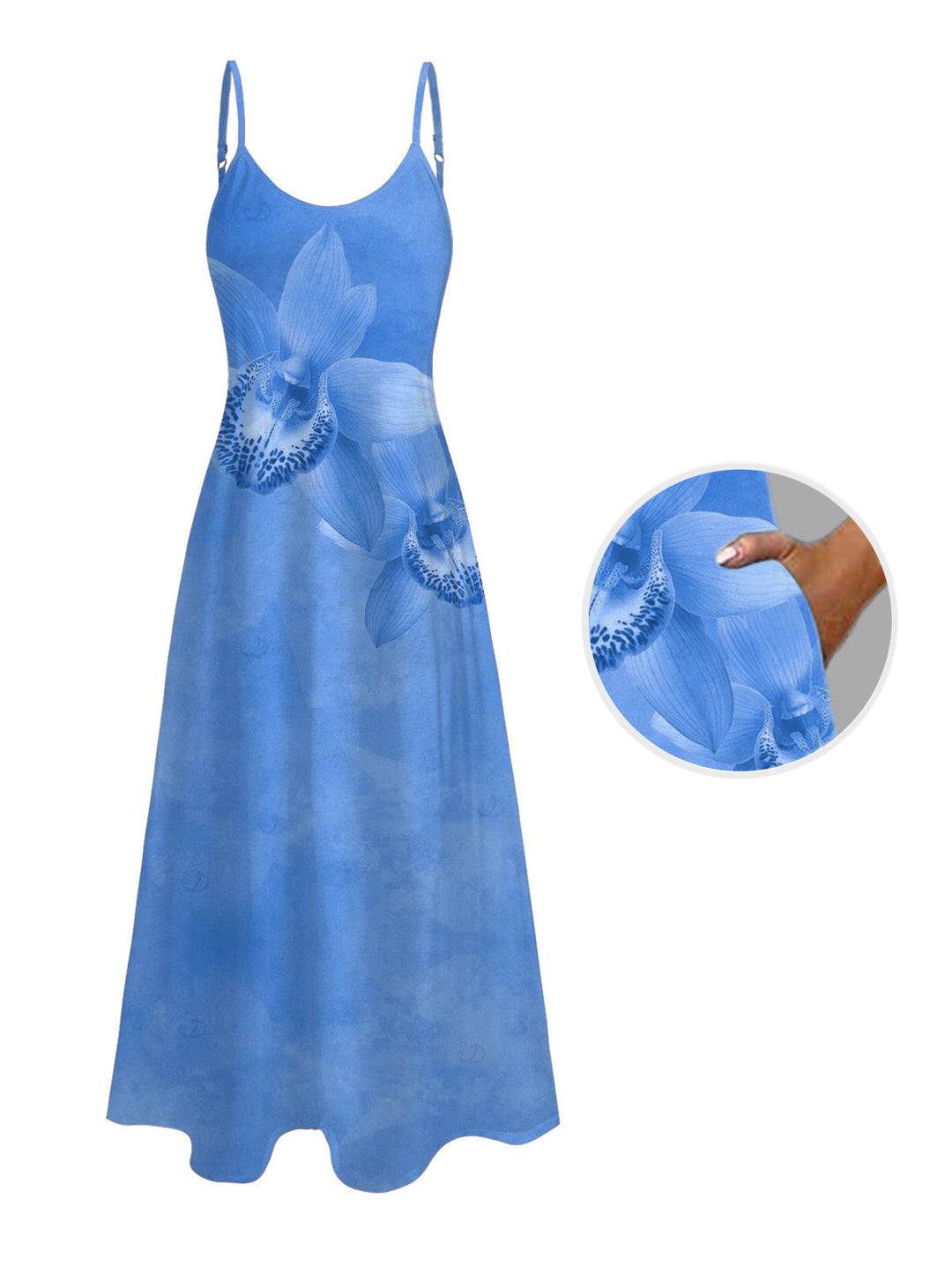 Tropical Orchid Floral Print Pocket Long Vacation Dress