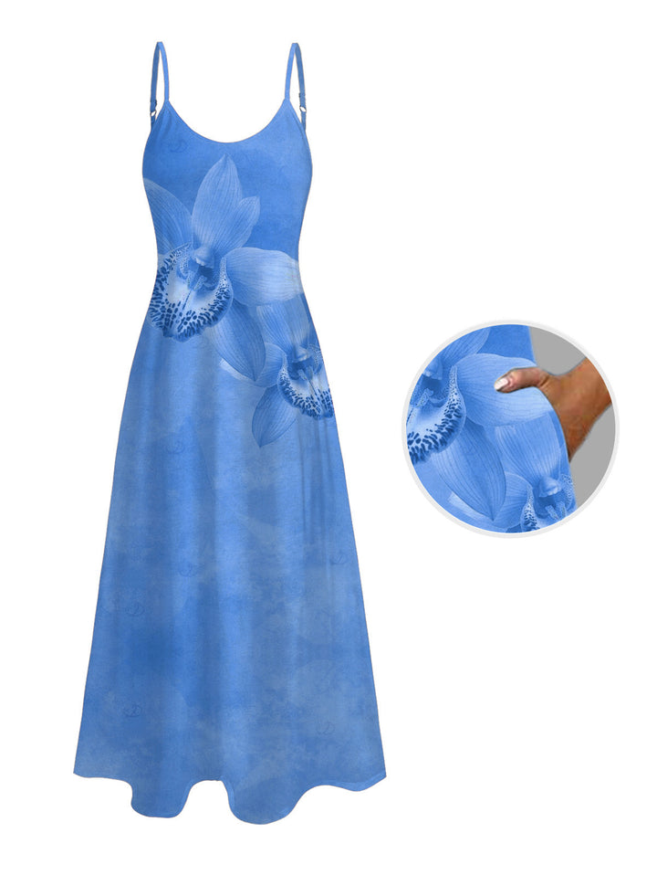 Tropical Orchid Floral Print Pocket Long Vacation Dress