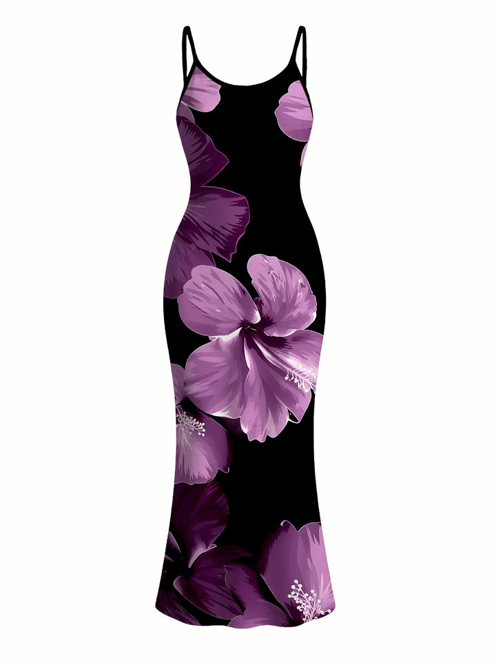 Contrast Color Hibiscus Floral Print Spaghetti Strap Maxi Bodycon Vacation Dress