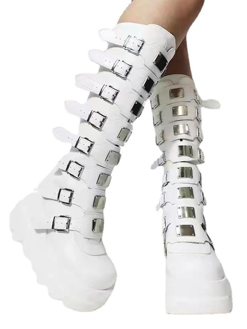 Buckle Strap Back Zipper Thick Platform Punk Style Knee-high Boots