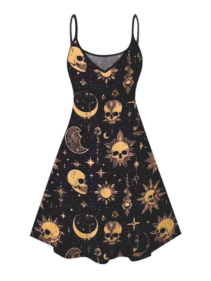 Celestial Sun Moon Star Skulls Pattern Withcy Spaghetti Strap Tank Dress