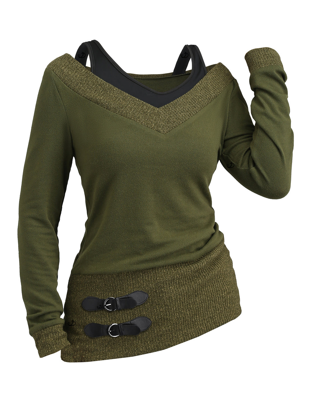 Heather Textured Long Sleeve 2 In 1 Faux Twinset Top