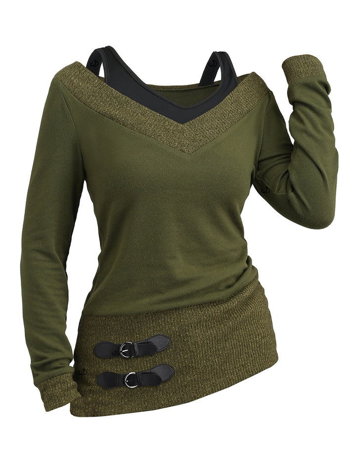 Heather Textured Long Sleeve 2 In 1 Faux Twinset Top