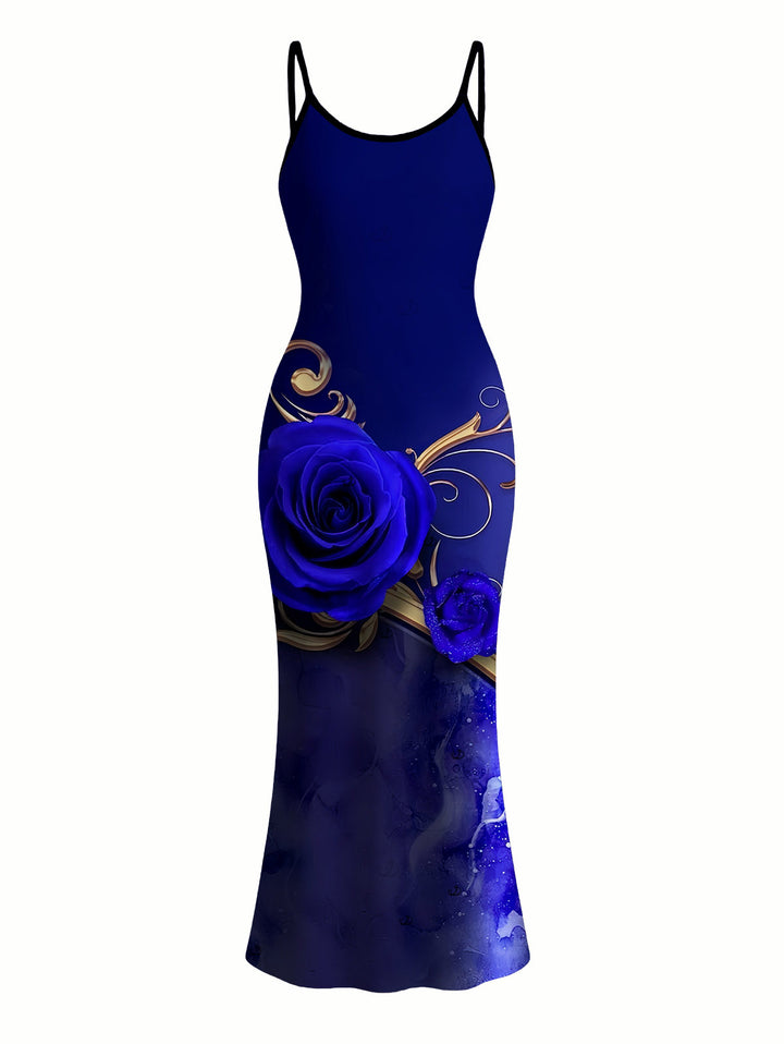 Rose Floral Metallic Gold Scroll Vine Print Spaghetti Strap Maxi Bodycon Vacation Dress