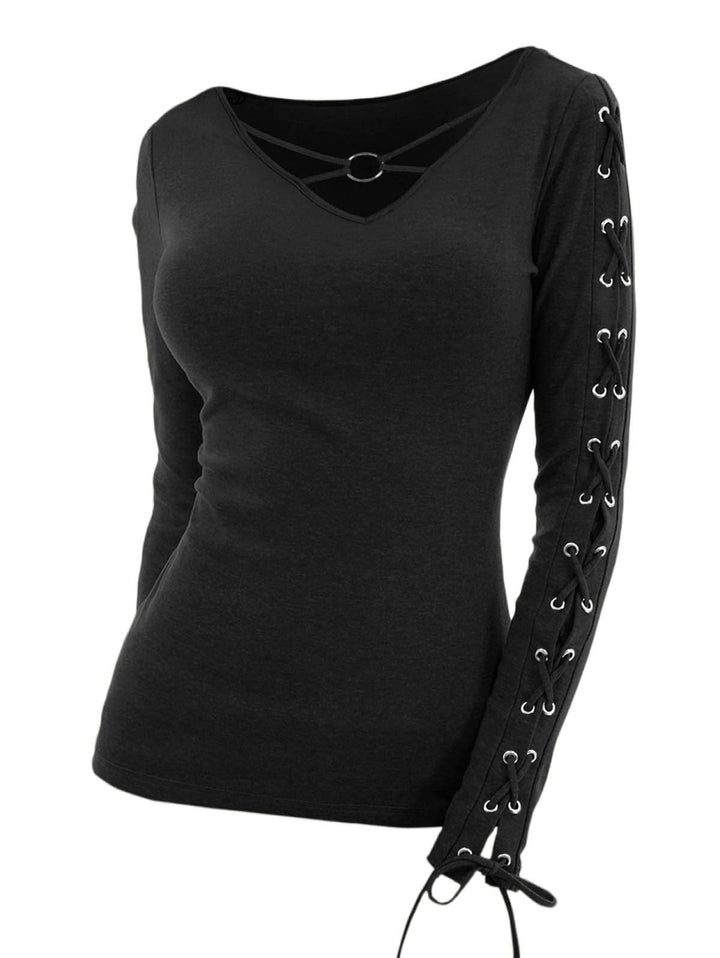 Solid V O Ring Neck Lace Up Long Sleeve Fit Top-Black
