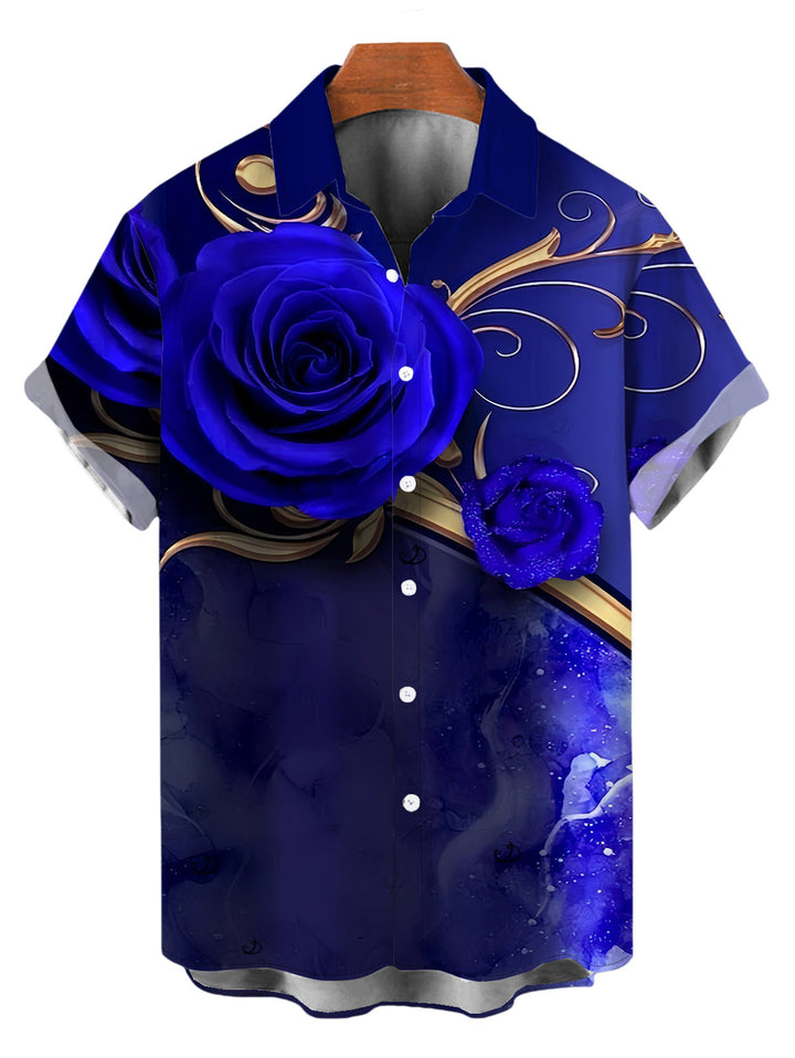 Men's Rose Floral Metallic Gold Scroll Vine Print Button Up Vacation Shirt