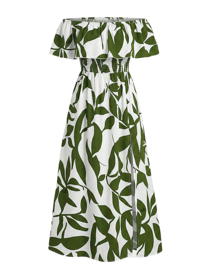 Ditsy Floral Patten Off the Shoulder Slit Vacation Dress