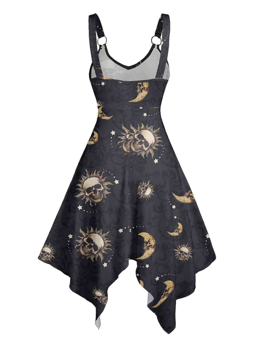 Celestial Sun Moon Star Skulls Pattern Withcy Asymmetrical Hem Midi  Dress