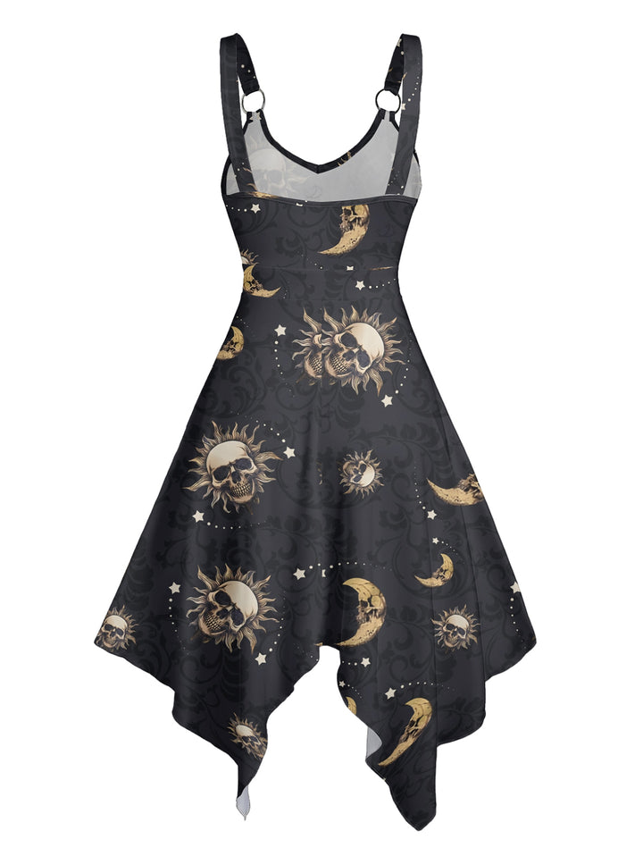 Celestial Sun Moon Star Skulls Pattern Withcy Asymmetrical Hem Midi  Dress