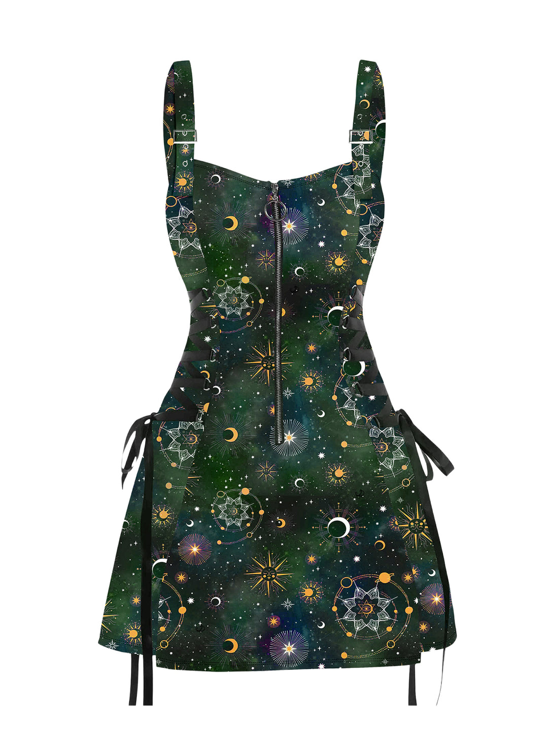 Galaxy Sun Star Print Half Zipper Lace Up Strap A Line Mini Dress