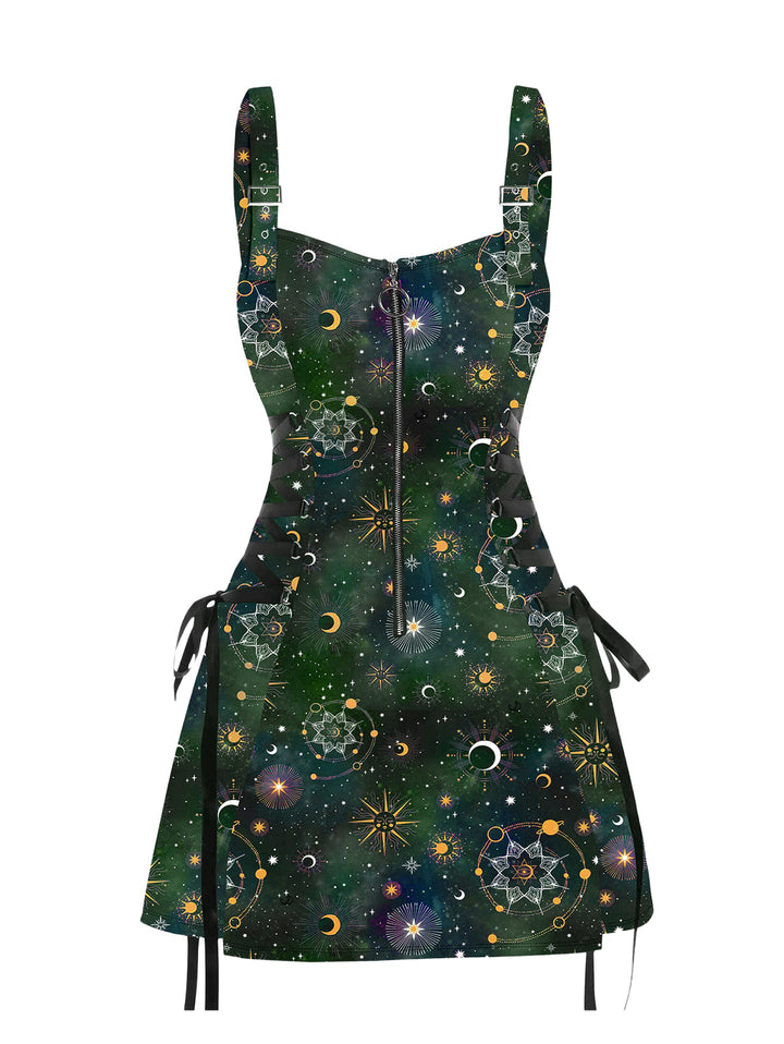 Galaxy Sun Star Print Half Zipper Lace Up Strap A Line Mini Dress