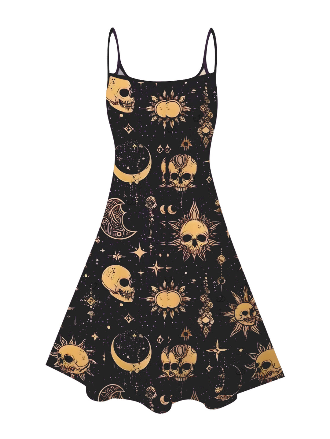 Celestial Sun Moon Star Skulls Pattern Withcy Spaghetti Strap Tank Dress