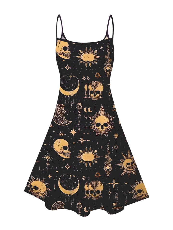 Celestial Sun Moon Star Skulls Pattern Withcy Spaghetti Strap Tank Dress