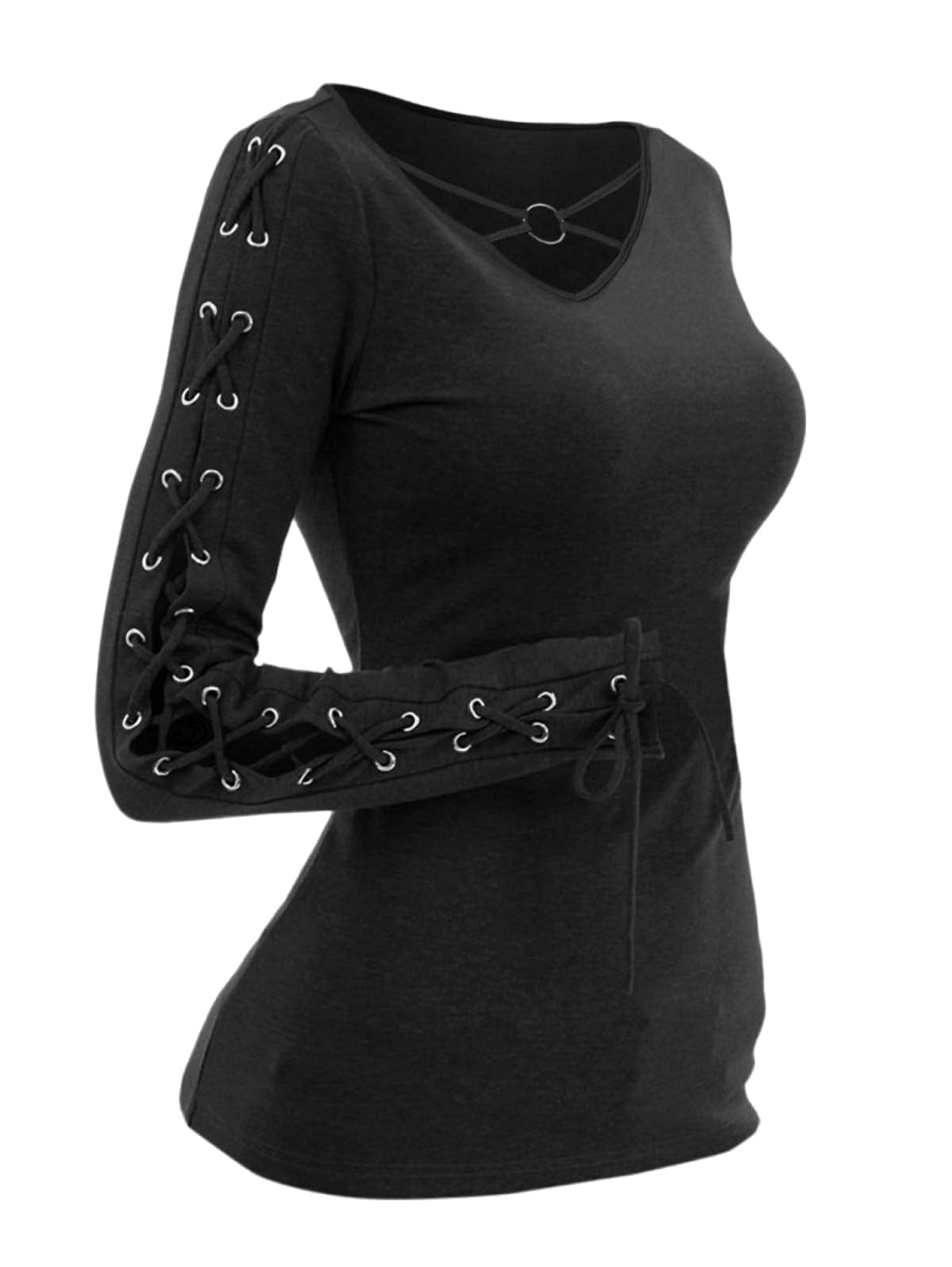 Solid V O Ring Neck Lace Up Long Sleeve Fit Top-Black