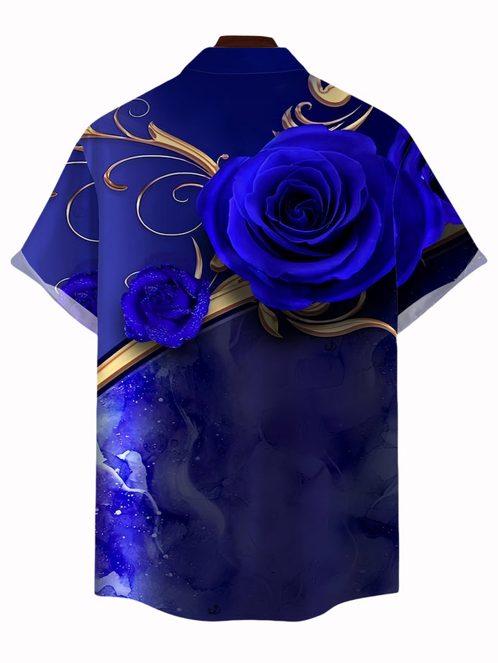 Men's Rose Floral Metallic Gold Scroll Vine Print Button Up Vacation Shirt