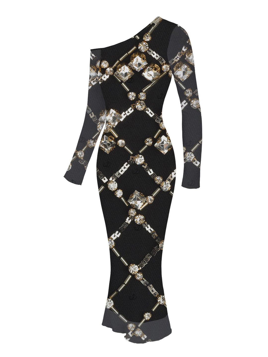 Black Gold Chain Rhinestone Lattice Print Mesh Panel Skew Neck Bodycon Vintage Party Dress