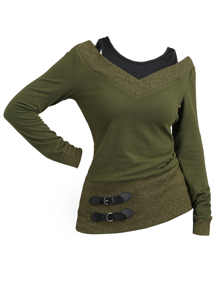 Heather Textured Long Sleeve 2 In 1 Faux Twinset Top