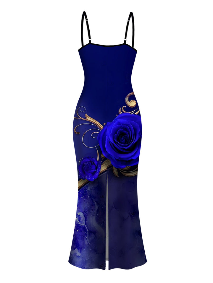 Rose Floral Metallic Gold Scroll Vine Print Spaghetti Strap Maxi Bodycon Vacation Dress
