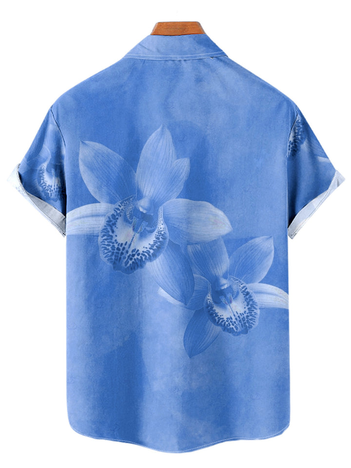 Men's Tropical Orchid Floral Print Button Up Vacation Shirt