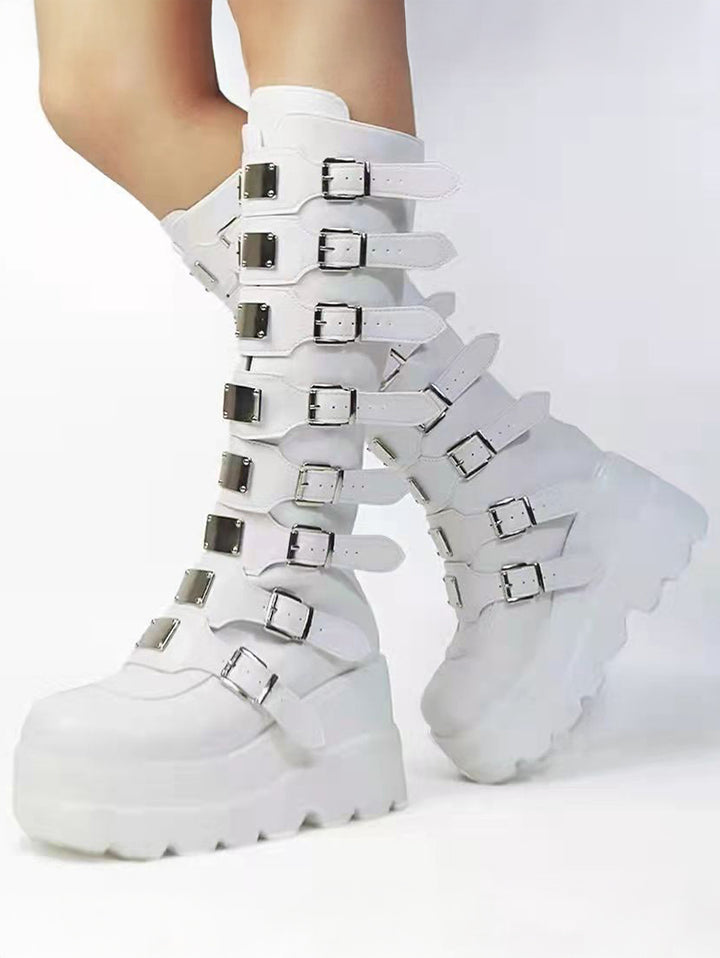 Buckle Strap Back Zipper Thick Platform Punk Style Knee-high Boots