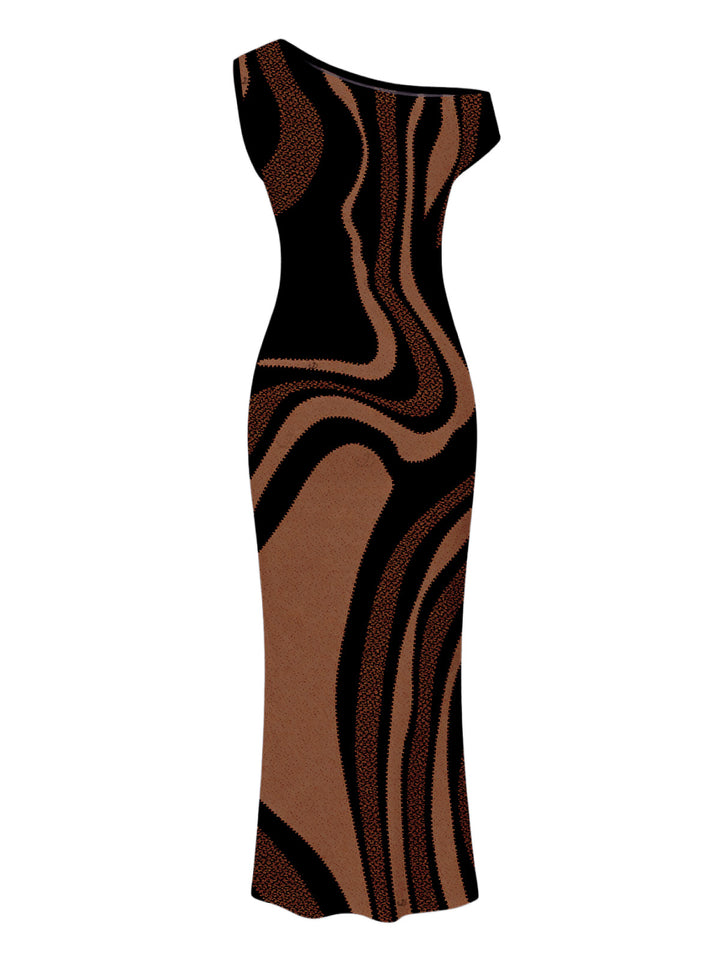Colorblock Swirl Marble Print Ruched One Shoulder Mermaid Bodycon Vacation Dress