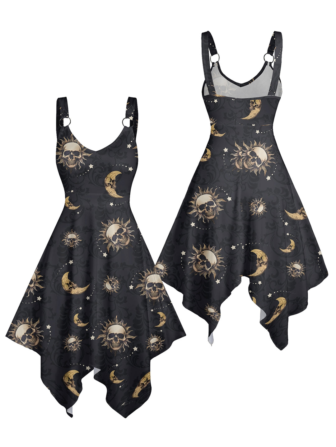 Celestial Sun Moon Star Skulls Pattern Withcy Asymmetrical Hem Midi  Dress