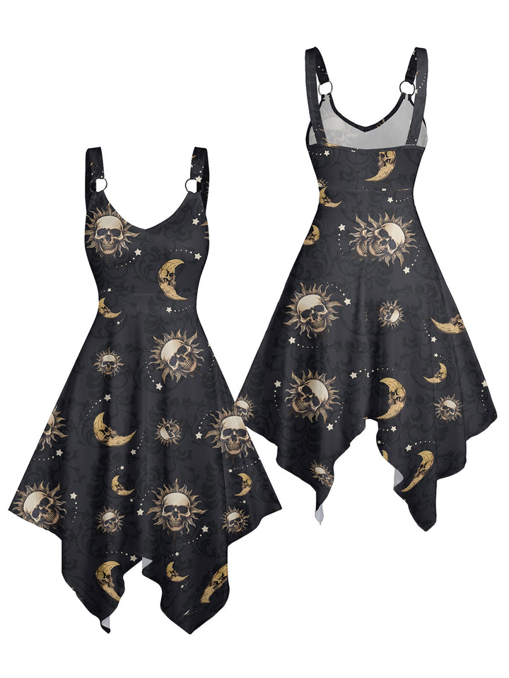 Celestial Sun Moon Star Skulls Pattern Withcy Asymmetrical Hem Midi  Dress
