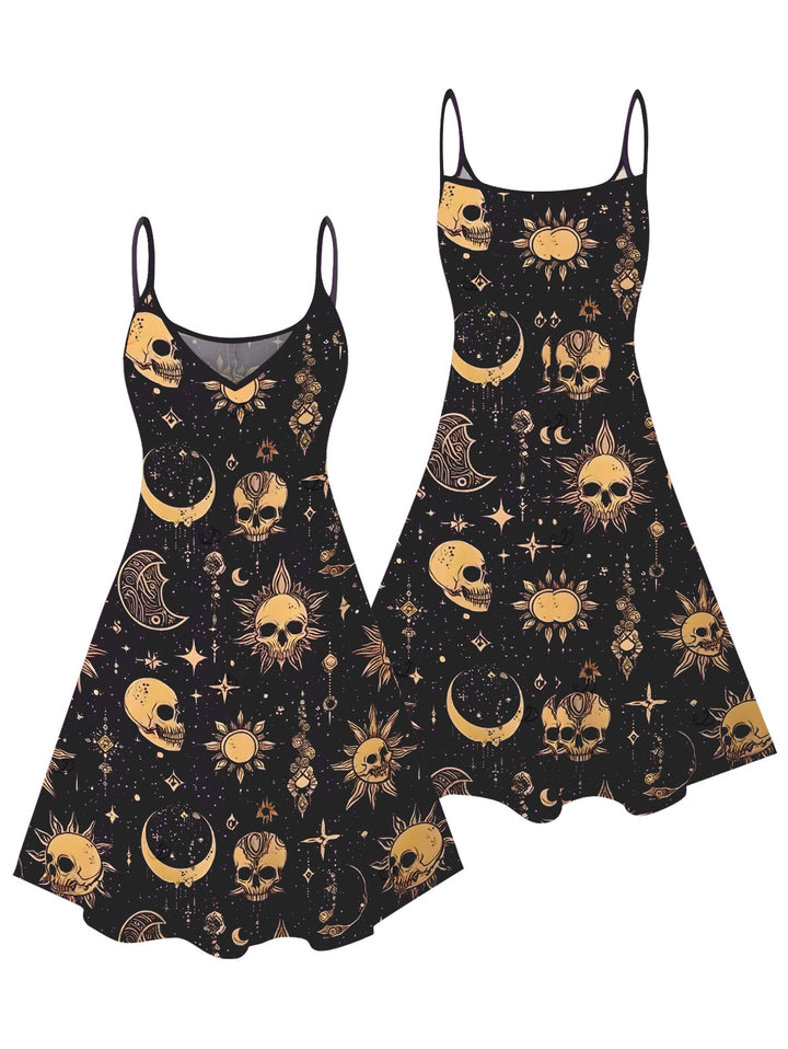 Celestial Sun Moon Star Skulls Pattern Withcy Spaghetti Strap Tank Dress