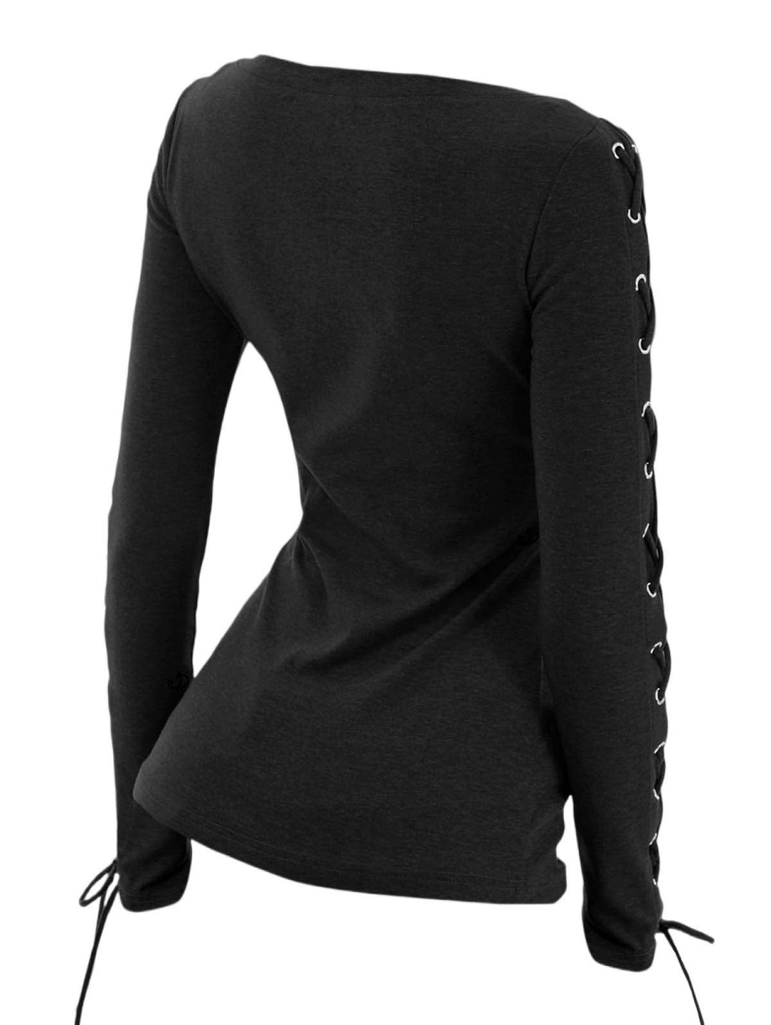 Solid V O Ring Neck Lace Up Long Sleeve Fit Top-Black