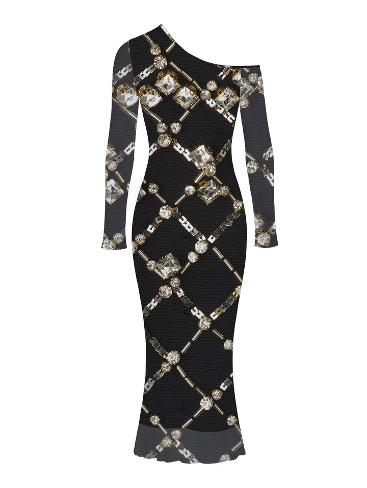 Black Gold Chain Rhinestone Lattice Print Mesh Panel Skew Neck Bodycon Vintage Party Dress
