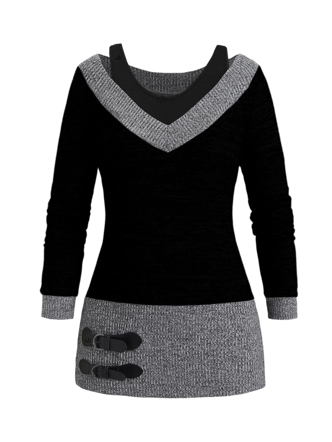 Heather Textured Long Sleeve 2 In 1 Faux Twinset Top