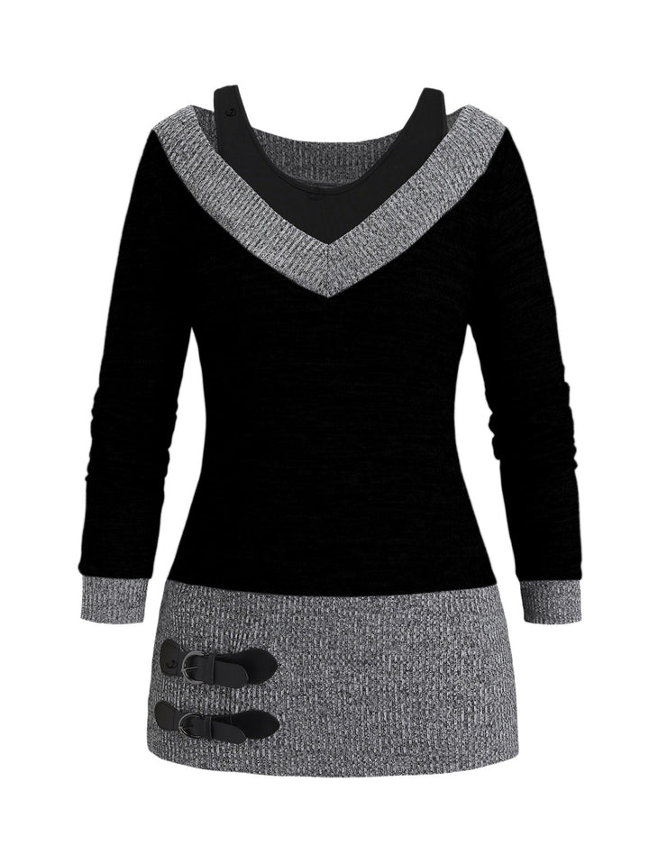 Heather Textured Long Sleeve 2 In 1 Faux Twinset Top