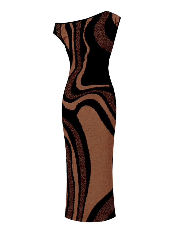 Colorblock Swirl Marble Print Ruched One Shoulder Mermaid Bodycon Vacation Dress