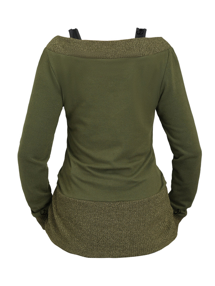 Heather Textured Long Sleeve 2 In 1 Faux Twinset Top