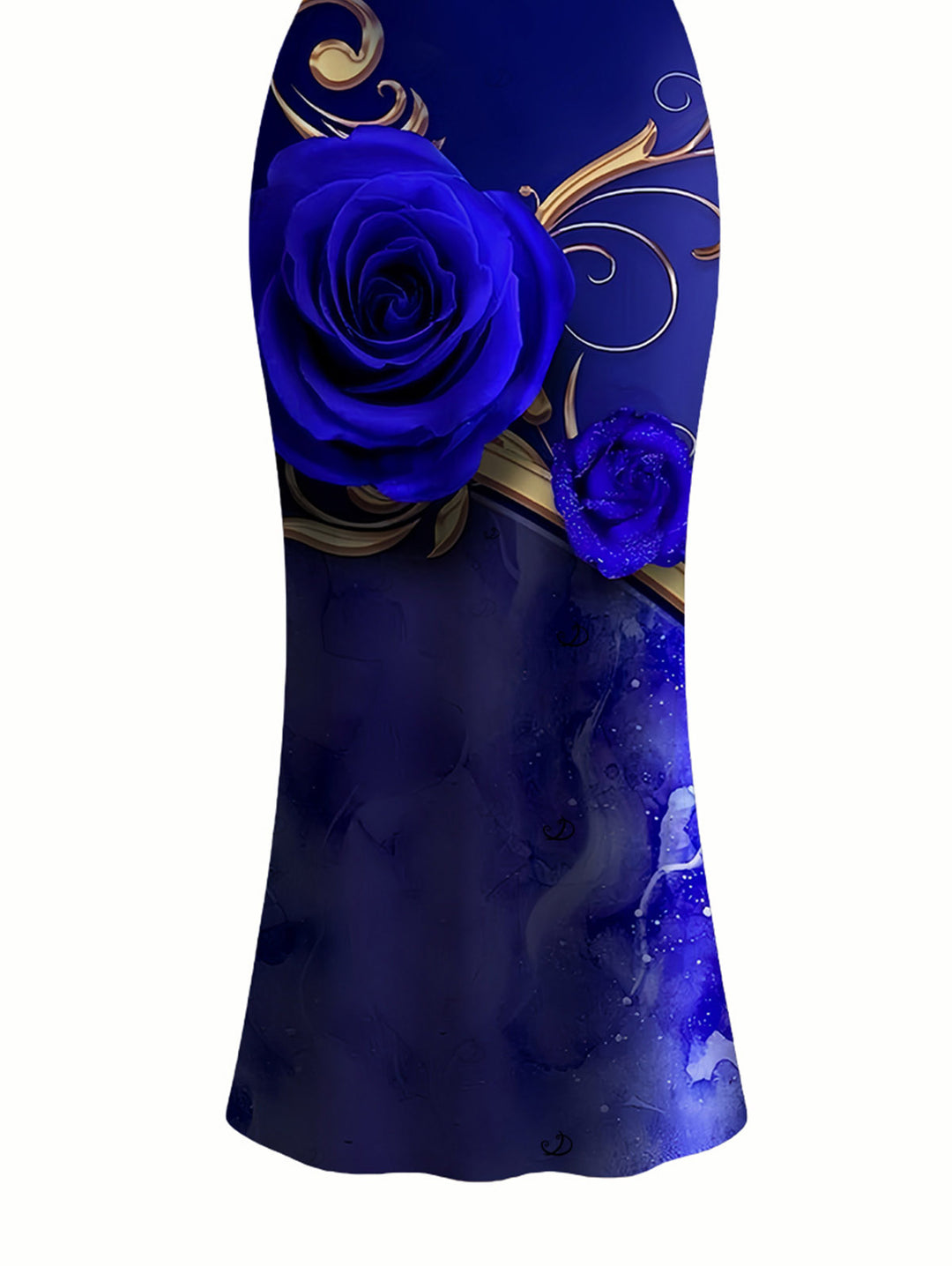 Rose Floral Metallic Gold Scroll Vine Print Spaghetti Strap Maxi Bodycon Vacation Dress