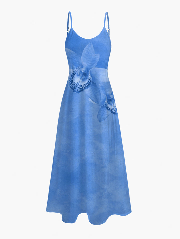 Tropical Orchid Floral Print Pocket Long Vacation Dress