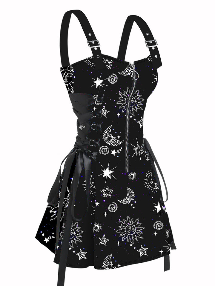 Witchy Celestial Sun Star Half Zipper Lace Up Strap Mini Dress