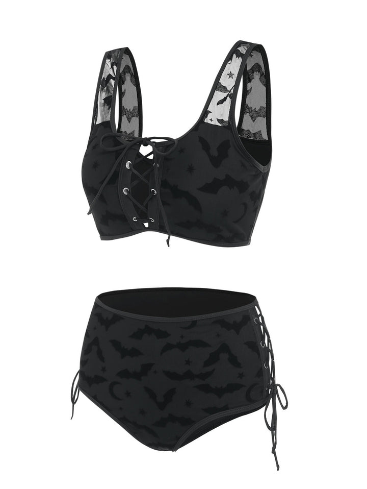 Gothic Bat Cinched Mesh Lace Up Cut Out Bikini Swimsuit