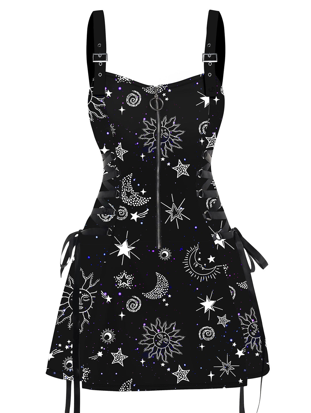 Witchy Celestial Sun Star Half Zipper Lace Up Strap Mini Dress