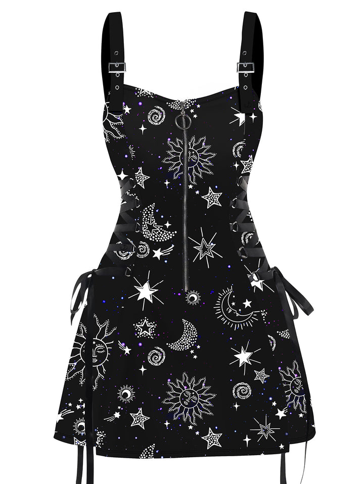 Witchy Celestial Sun Star Half Zipper Lace Up Strap Mini Dress